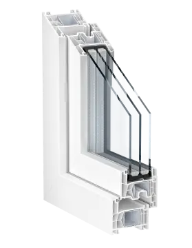 Corte del perfil de PVC Kömmerling76 AD Xtrem con triple acristalamiento